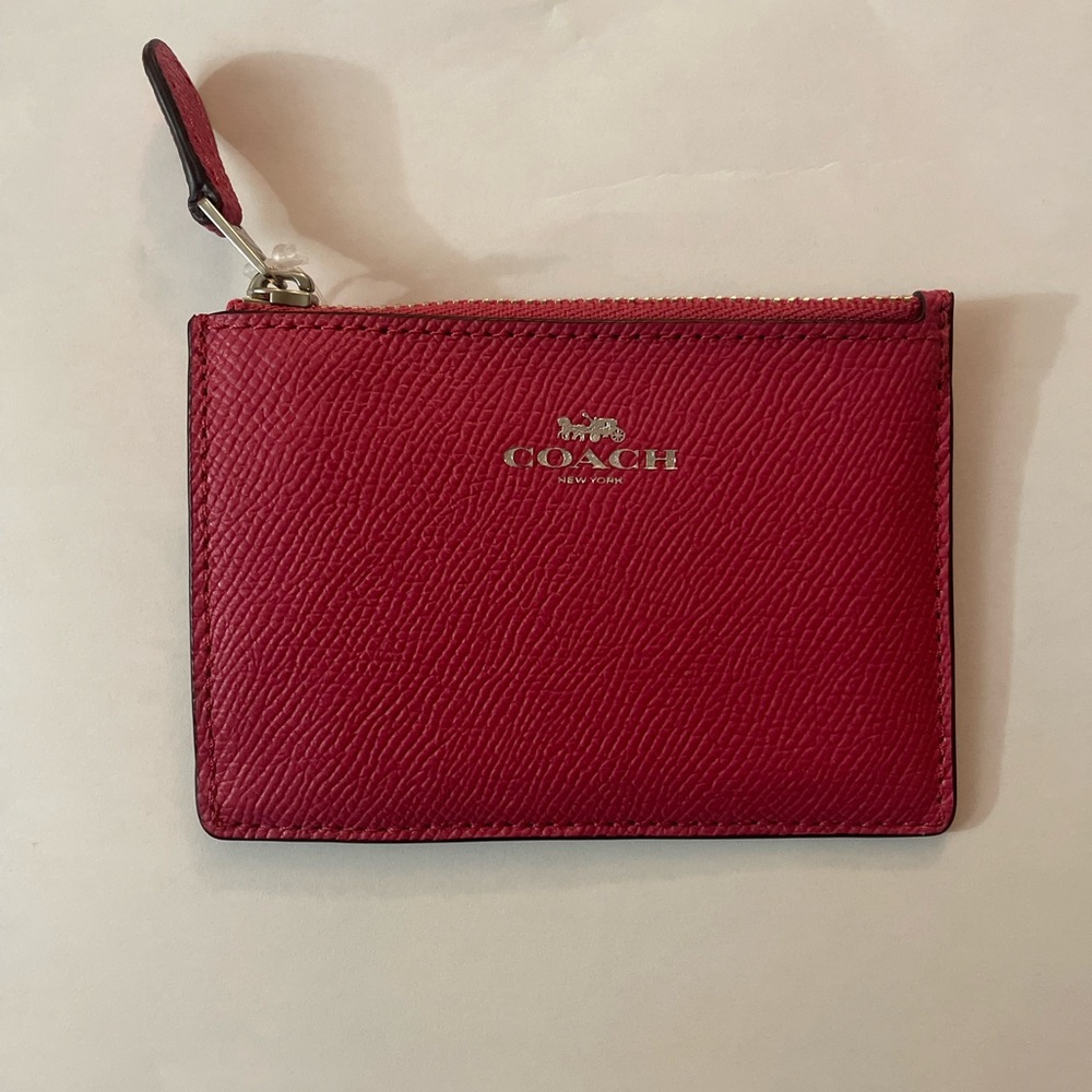 Coach Mini Skinny ID Case Card Holder Magenta Leather Key Ring Wallet NWT